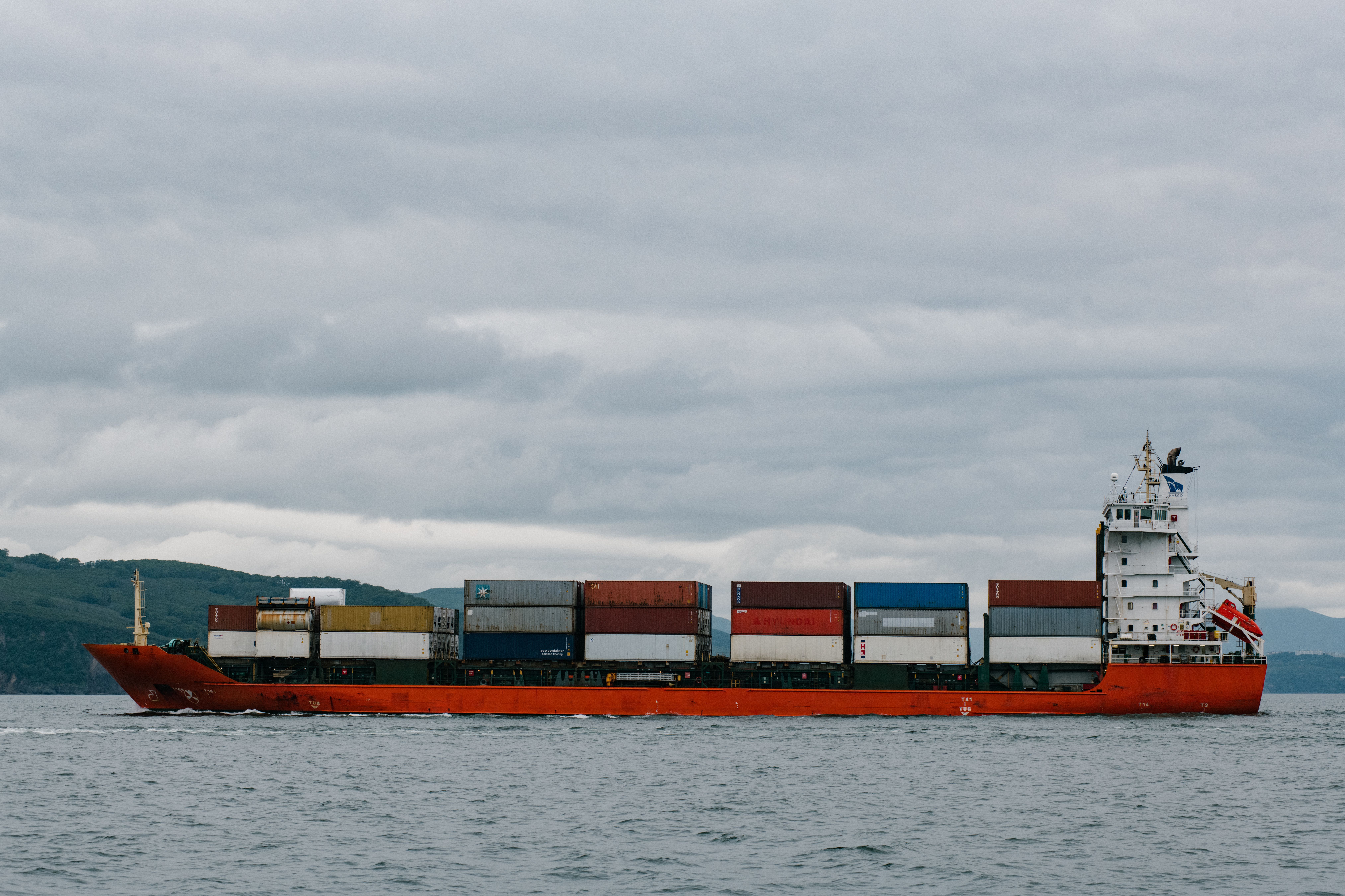 Loaded container ship at sea