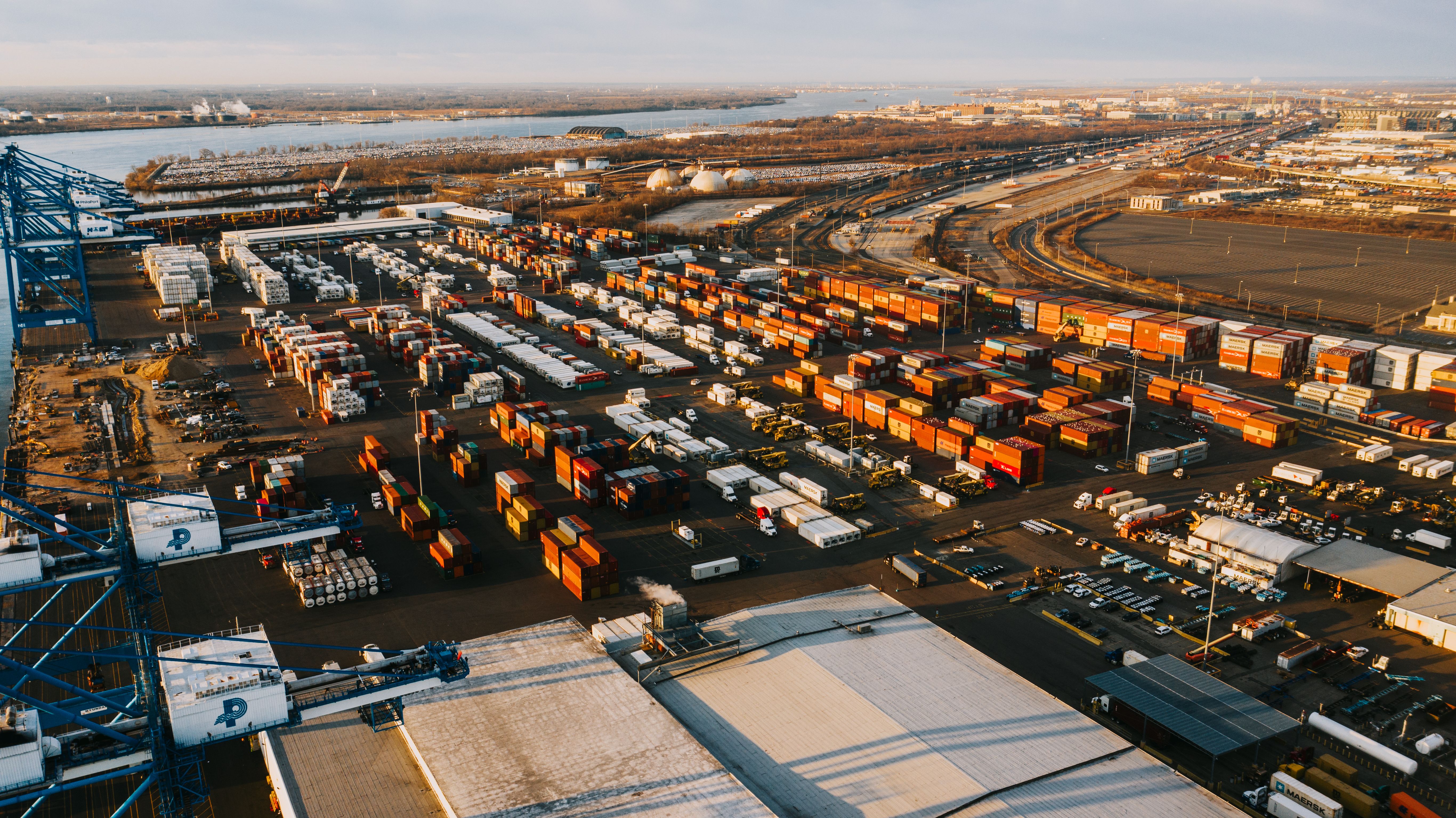 Aerial view of a container port terminal