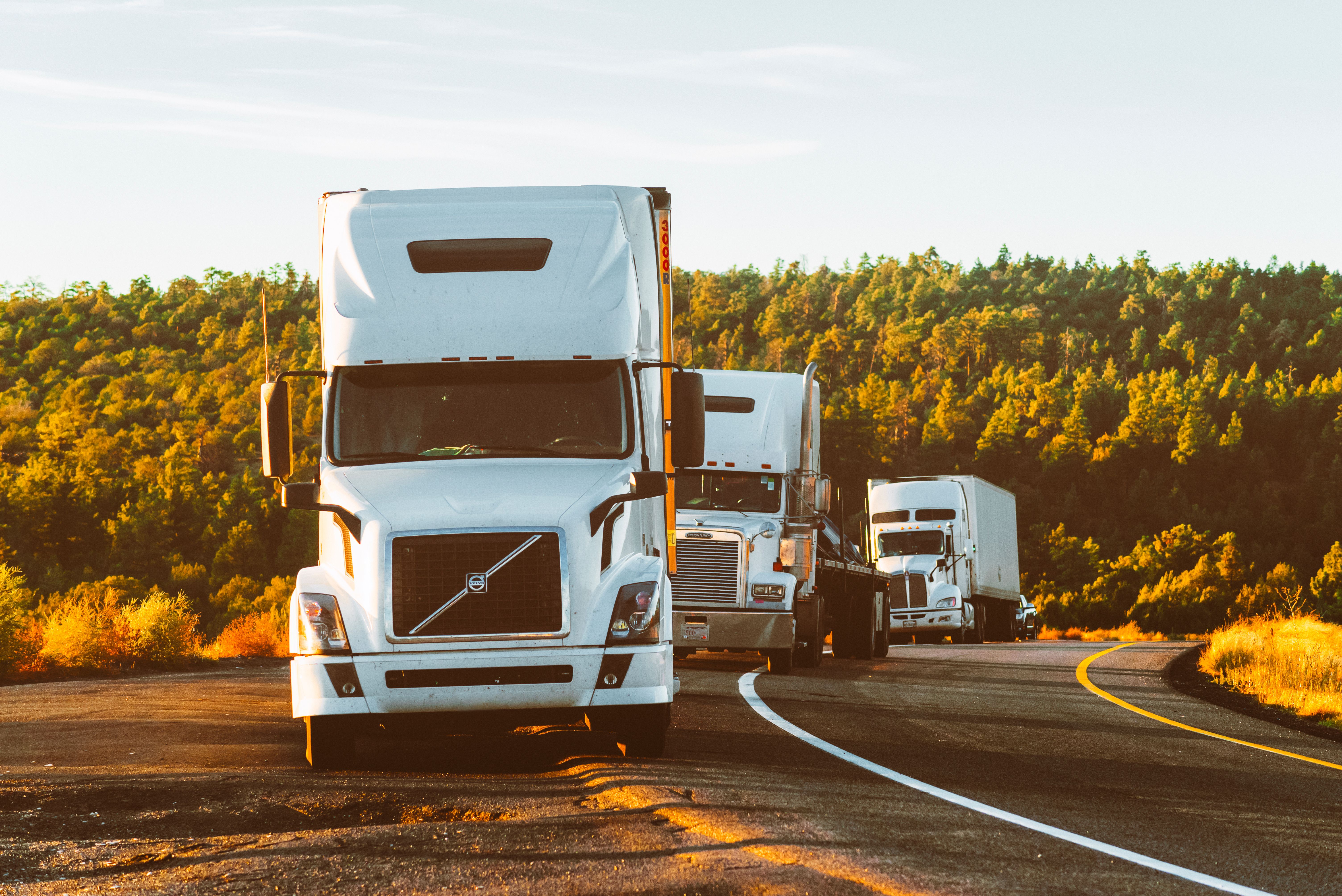 Three semi-trucks traveling a highway through forest