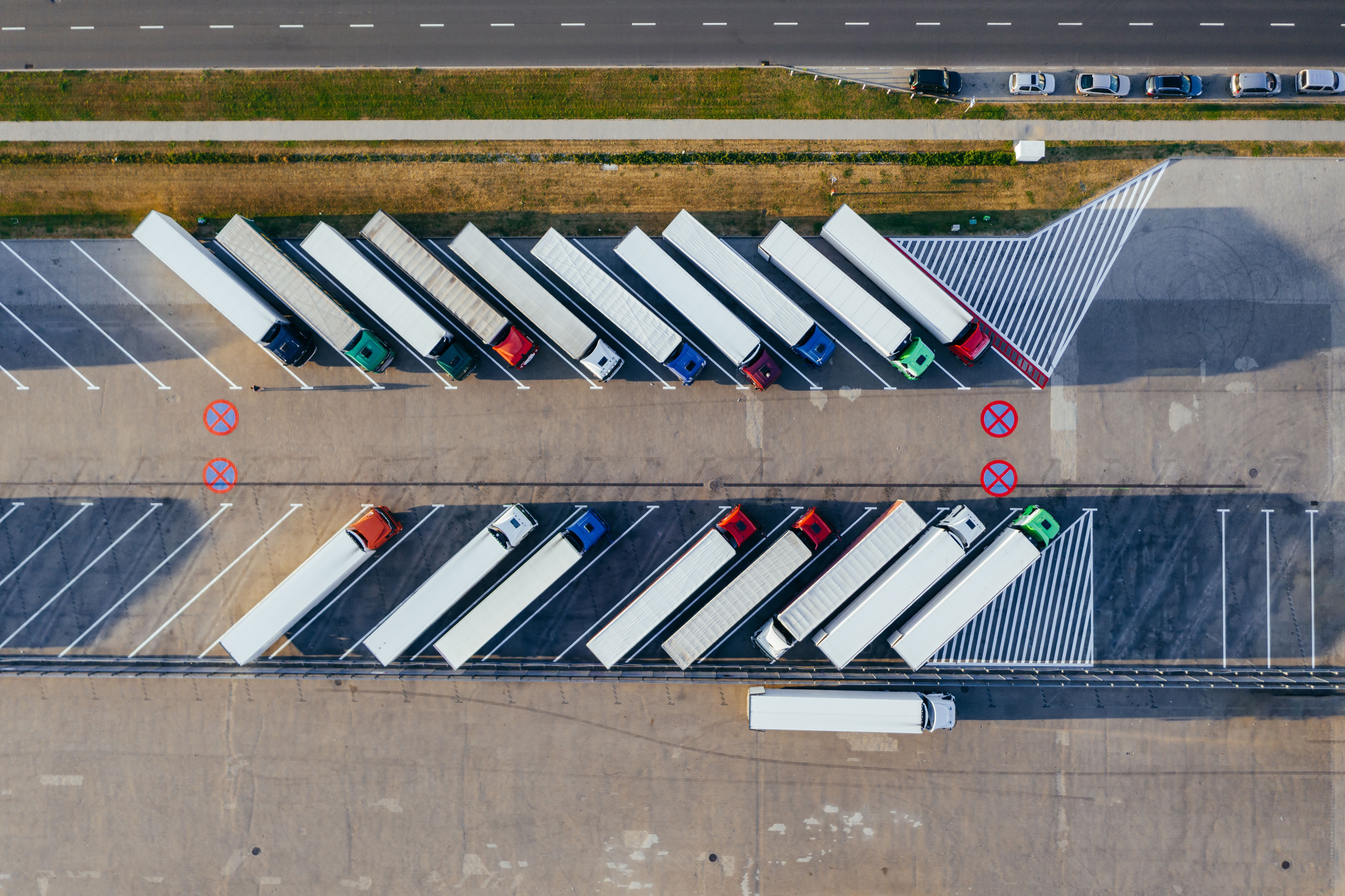 Aerial view of trailers parked at a freight yard